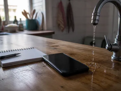 Aviso de avería de fontanería: teléfono junto a un grifo que gotea en Cartagena
